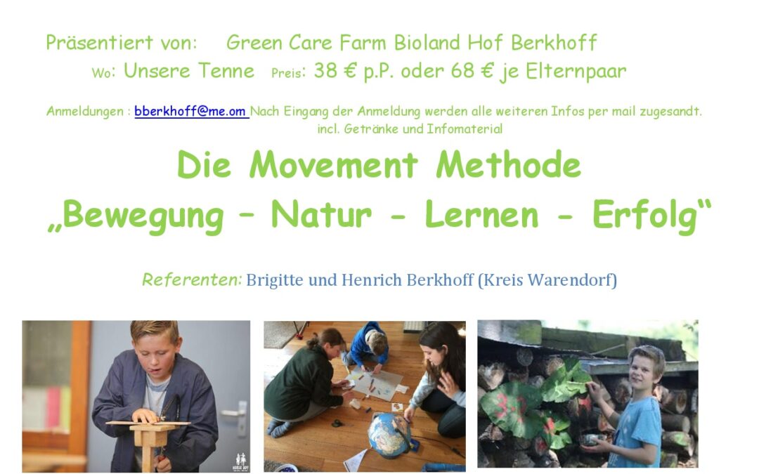Informationsveranstaltung für Eltern Erzieher Pädagogen am 01.08.2023 um 19:00 Uhr bis 21.30 Uhr. Die Movement Methode „Bewegung – Natur – Lernen – Erfolg“